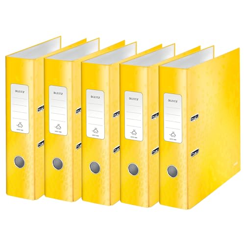Leitz Qualitäts-Ordner 180°, 5er Pack, A4, 8 cm Rückenbreite, laminierte Graupappe, Gelb, WOW Serie, Design kann variieren, 10054016 von Leitz