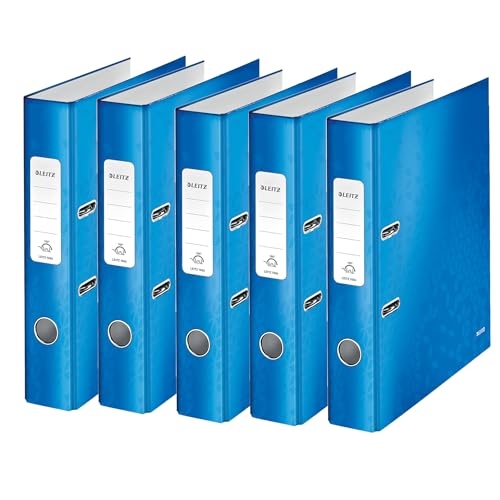 Leitz Qualitäts-Ordner 180°, 5er Pack, A4, schmal, 5,2 cm Rückenbreite, laminierte Graupappe, Blau, WOW Serie, 10064036 von Leitz
