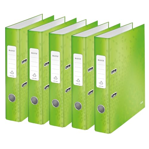 Leitz Qualitäts-Ordner 180°, 5er Pack, A4, schmal, 5,2 cm Rückenbreite, laminierte Graupappe, Grün, WOW Serie, 10064054 von Leitz