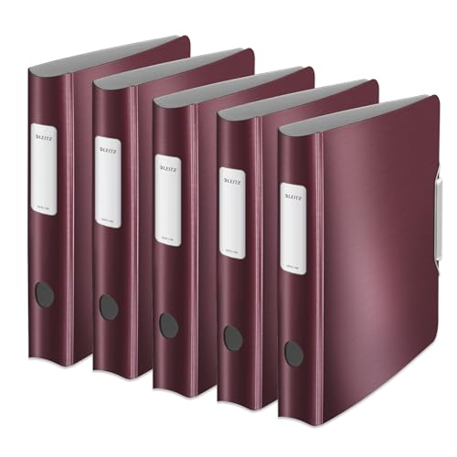 Leitz Qualitäts-Ordner 180° Active Style, 5er Pack, A4, Schmal, Granat Rot, Abgerundeter Rücken mit 6,5 cm Rückenbreite, Gummibandverschluss, Leichtes Polyfoam, 11090028 von Leitz