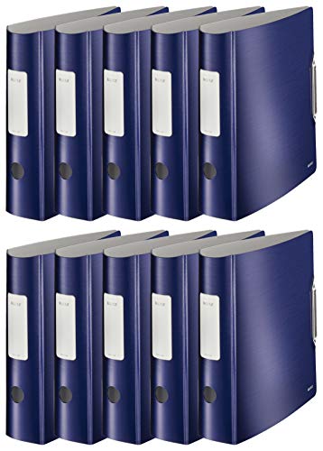 Leitz Qualitäts-Ordner 180° Active Style in gebürsteter Alu-Optik, A4, Runder Rücken, 8,2 cm Breite, Gummibandverschluss (10er Pack, Titan-Blau) von Leitz