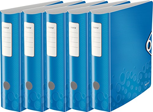 Leitz Qualitäts-Ordner 180° Active Wow, A4, Runder Rücken, 8,2 cm Breite, Kunststoff, Gummibandverschluss (5er Pack, blau metallic) von Leitz