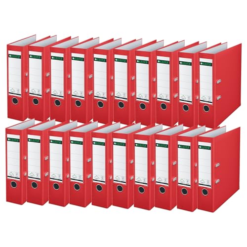 Leitz Qualitäts-Ordner 180° Plastik, 20er Pack, das Original, DIN A4 Aktenordner 8 cm breit, 90% Recycling-Karton, 30% Pre-Consumer Recycling-Kunststoff, Mit 180° Mechanik, 600 Blatt, Rot, 10105025 von Leitz
