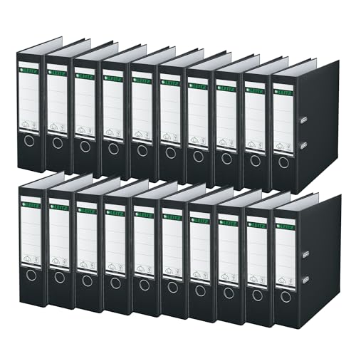 Leitz Qualitäts-Ordner 180° Plastik, 20er Pack, das Original, A4 Aktenordner 8 cm breit, 90% Recycling-Karton, 30% Pre-Consumer Recycling-Kunststoff, Mit 180° Mechanik, 600 Blatt, Schwarz, 10105095 von Leitz