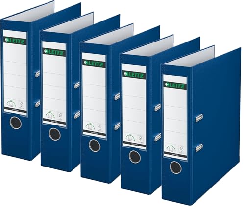 Leitz Qualitäts-Ordner 180° Plastik, das Original, DIN A4 Aktenordner 8 cm breit, Recycling-Karton, Recycling-Kunststoff, Mit 180° Mechanik (Breit, Blau, 5 Stück) von Leitz