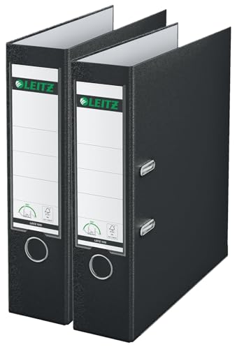 Leitz Qualitäts-Ordner 180° Plastik, das Original, DIN A4 Aktenordner 8 cm breit, Recycling-Karton, Recycling-Kunststoff, Mit 180° Mechanik (Breit, Schwarz, 1 Stück (Packung mit 2)) von Leitz