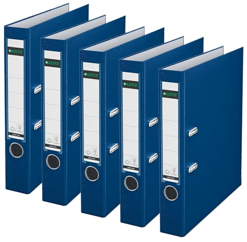 Leitz Qualitäts-Ordner 180° Plastik, das Original, DIN A4 Aktenordner 8 cm breit, Recycling-Karton, Recycling-Kunststoff, Mit 180° Mechanik (Schmal, Blau, 5 Stück) von Leitz