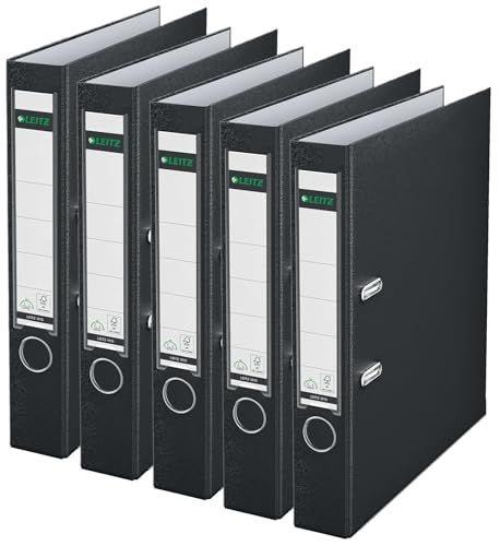 Leitz Qualitäts-Ordner 180° Plastik, das Original, DIN A4 Aktenordner 8 cm breit, Recycling-Karton, Recycling-Kunststoff, Mit 180° Mechanik (Schmal, Schwarz, 5 Stück) von Leitz