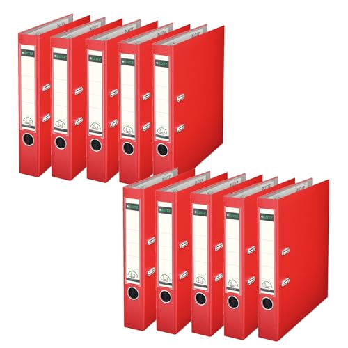 Leitz Qualitäts-Ordner 180° Plastik, 10er Pack, das Original, DIN A4 Aktenordner 5 cm schmal, 90% Recycling-Karton, 30% Pre-Consumer Recycling-Kunststoff, Mit 180° Mechanik, 350 Blatt, Rot, 10151025 von Leitz