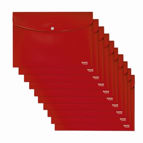 Leitz Recycle Sammelmappe A4, 10er Pack, Für 60 Blatt, Ordner mit Knopfverschluss, 100 % recycelbar, Klimaneutral, Umweltfreundlich, Recycle Serie, Rot, 46780025 von Leitz