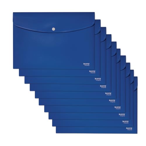 Leitz Recycle Sammelmappe A4, 10er Pack, Für 60 Blatt, Ordner mit Knopfverschluss, 100 % recycelbar, Umweltfreundlich, Recycle Serie, Blau, 46780035 von Leitz