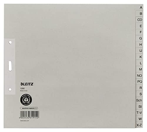 Leitz Register, 20 Trennblätter, Taben mit alphabetischem Aufdruck A-Z, 5 Stück, Grau, 100% recyceltes Papier, Blauer Engel Siegel, 12003085 von Leitz