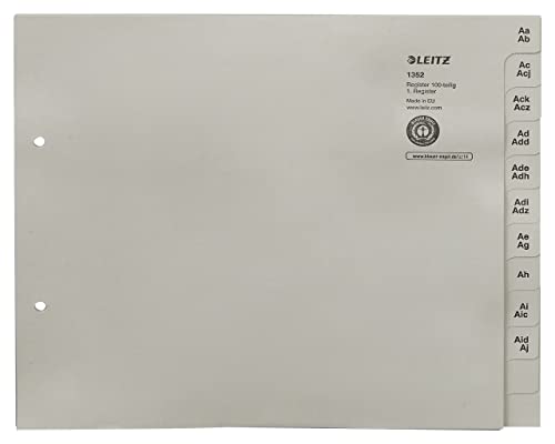 Leitz Register, Trennblätter mit Taben und alphabetischem Aufdruck A-Z für 100 Ordner, Halbe Höhe und Überbreite, Grau, 100% recyceltes Papier, Blauer Engel Siegel, 13520085 Leitz Register, Trennblätter mit Taben und alphabetischem Aufdruck A-Z für 100 Ordner, Halbe Höhe und Überbreite, Grau, 100% recyceltes Papier, Blauer Engel Siegel, 13520085 von Leitz