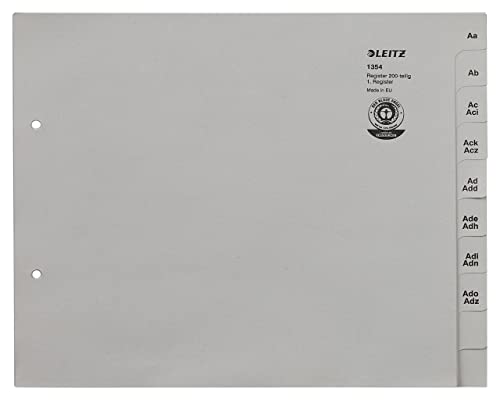 Leitz Register, Trennblätter mit Taben und alphabetischem Aufdruck A-Z für 200 Ordner, Halbe Höhe und Überbreite, Grau, 100% recyceltes Papier, Blauer Engel Siegel, 13540085 Leitz Register, Trennblätter mit Taben und alphabetischem Aufdruck A-Z für 200 Ordner, Halbe Höhe und Überbreite, Grau, 100% recyceltes Papier, Blauer Engel Siegel, 13540085 von Leitz