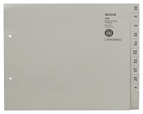 Leitz Register, Trennblätter mit Taben und alphabetischem Aufdruck A-Z für 50 Ordner, Halbe Höhe und Überbreite, Grau, 100% recyceltes Papier, Blauer Engel Siegel, 13500085 von Leitz