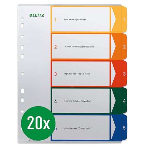 Leitz Register für A4, 20er Pack, PC-beschriftbares Deckblatt und 5 Trennblätter, Taben mit Zahlenaufdruck 1-5, Überbreite, Weiß/Mehrfarbig/Transparent, Polypropylen, 12910000 Leitz Register für A4, 20er Pack, PC-beschriftbares Deckblatt und 5 Trennblätter, Taben mit Zahlenaufdruck 1-5, Überbreite, Weiß/Mehrfarbig/Transparent, Polypropylen, 12910000 von Leitz