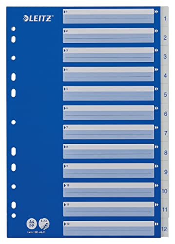 Leitz Register für A4, Deckblatt aus Karton und 12 Trennblätter aus Kunststoff, Taben mit Zahlenaufdruck 1-12, Blau/Weiß, 12516001 von Leitz