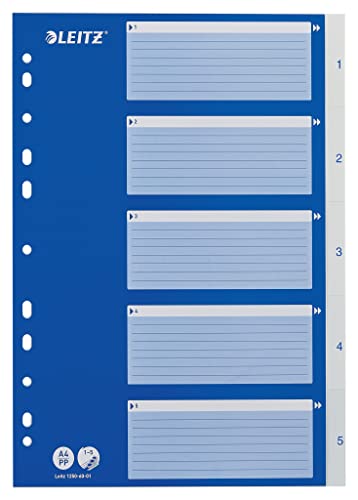 Leitz Register für A4, Deckblatt aus Karton und 5 Trennblätter aus Kunststoff, Taben mit Zahlenaufdruck 1-5, Blau/Weiß, 12506001 von Leitz