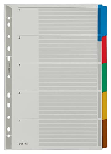 Leitz Register für A4, Deckblatt und 5 Trennblätter, Lochrand und bunte Taben folienverstärkt (Mylar), Grau, Karton, 43200000 von Leitz