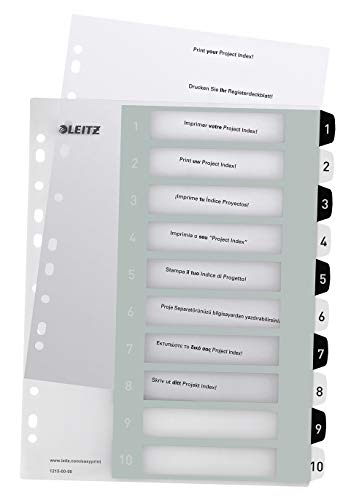 Leitz Register für A4, PC-beschriftbares Deckblatt und 10 Trennblätter, Taben mit Zahlenaufdruck 1-10, Überbreite, Weiß/Schwarz, Polypropylen, WOW, 12150000 von Leitz