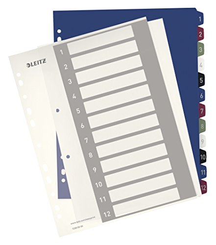 Leitz Register für A4, PC-beschriftbares Deckblatt und 12 Trennblätter, Taben mit Zahlenaufdruck 1-12, Überbreite, Weiß/Mehrfarbig, PP, Style, 12380000 von Leitz