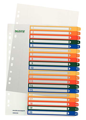 Leitz Register für A4, PC-beschriftbares Deckblatt und 20 Trennblätter, Taben mit Zahlenaufdruck 1-20, Überbreite, Weiß/Mehrfarbig, Polypropylen, 12960000 Leitz Register für A4, PC-beschriftbares Deckblatt und 20 Trennblätter, Taben mit Zahlenaufdruck 1-20, Überbreite, Weiß/Mehrfarbig, Polypropylen, 12960000 von Leitz