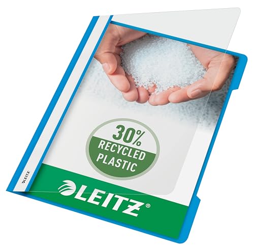 Leitz Schnellhefter A4, 25er Pack, Plastik-Hefter, Robuste PVC-Hartfolie, Transparenter Vorderdeckel, Hellblau, 41910030 von Leitz