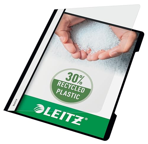 Leitz A4 Standard Schnellhefter, 25er Pack, 30% Pre-Consumer Recycling-Kunststoff, Hefter für A4-Blätter, 60 Blatt Kapazität, Ideal als Dokumententasche für Schule oder Büro, Schwarz, 41910095 von Leitz
