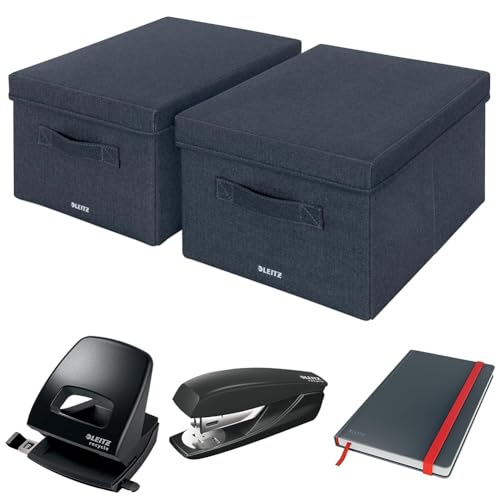 Leitz Set Aufbewahrungsbox mit Deckel aus Stoff + Recycle Locher + Recycle Heftgerät + Notizbuch A5 kariert, Organizer für Büro, Haushalt, Schule, Mittel, 61440089 + 50030095 + 56060095 + 44540089 Leitz Set Aufbewahrungsbox mit Deckel aus Stoff + Recycle Locher + Recycle Heftgerät + Notizbuch A5 kariert, Organizer für Büro, Haushalt, Schule, Mittel, 61440089 + 50030095 + 56060095 + 44540089 von Leitz