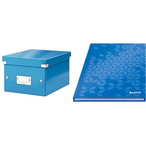 Leitz Set Click & Store Aufbewahrungsbox mit Deckel Klein + Notizbuch A5 kariert, Hardcover, Box für Unterlagen bis A5, Transportbox aus 84% recycelter Premium-Hartpappe, Blau, 60430036 + 46281036 von Leitz