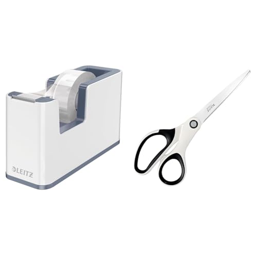 Leitz Set Klebeband-Tischabroller + Titan Qualitätsschere, Klebebandabroller mit festem Stand inkl. Klebeband, Schere für Rechts- oder Linkshänder (beidhändig), Weiß/Grau, WOW, 53641001 + 53192001 von Leitz