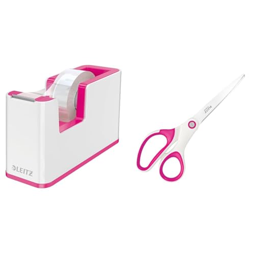 Leitz Set Klebeband-Tischabroller + Titan Qualitätsschere, Klebebandabroller mit festem Stand inkl. Klebeband, Schere für Rechts- oder Linkshänder (beidhändig), Weiß/Pink, WOW, 53641023 + 53192023 von Leitz