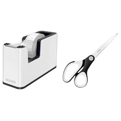 Leitz Set Klebeband-Tischabroller + Titan Qualitätsschere, Klebebandabroller mit festem Stand inkl. Klebeband, Schere für Rechts- oder Linkshänder (beidhändig), Weiß/Schwarz, WOW, 53641095 + 53192095 von Leitz