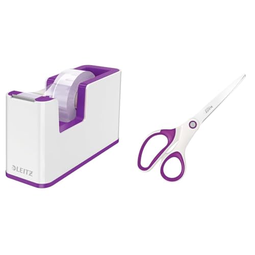 Leitz Set Klebeband-Tischabroller + Titan Qualitätsschere, Klebebandabroller mit festem Stand inkl. Klebeband, Schere für Rechts- oder Linkshänder (beidhändig), Weiß/Violett, WOW, 53641062 + 53192062 von Leitz