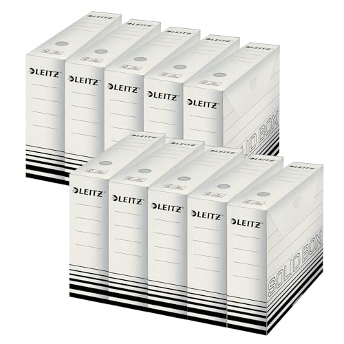 Leitz Solid Box Archiv-Schachtel, 80 mm Rückenbreite, A4 Faltkarton mit Lasche, Aufbewahrungsboxen für bis zu 700 Blatt, Lagerbox aus 100% geriffelten Recyclingkarton,10 Stück,Weiß/Schwarz,61270001 von Leitz