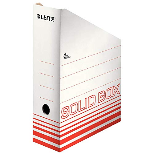 Leitz Solid Box Archiv Stehsammler, 100 mm Rückenbreite, Archivboxen zur Aufbewahrung von Zeitschriften und Mappen im A4- und US-Format, Zeitschriftensammler Pappe, 10 Stück, Weiß/Rot, 46070020 von Leitz