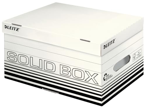 Leitz Solid Box Aufbewahrungs- und Transport-Schachtel, Größe S, Schachtel für A4 Ordner, Zeitschriften und mehr, Transportbox mit Deckel, 100 % geriffelter Recyclingkarton, 10 Stück, Weiß, 61170001 von Leitz