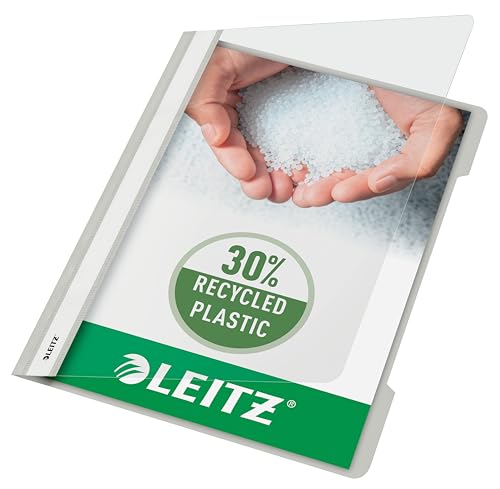 Leitz Schnellhefter A4, 25er Pack, Plastik-Hefter, Robuste PVC-Hartfolie, Transparenter Vorderdeckel, Grau, 41910085 von Leitz