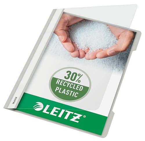 Leitz A4 Standard Schnellhefter, 25er Pack, 30% Pre-Consumer Recycling-Kunststoff, Hefter für A4-Blätter, 60 Blatt Kapazität, Ideal als Dokumententasche für Schule, Haushalt oder Büro, Grau, 41910085 von Leitz