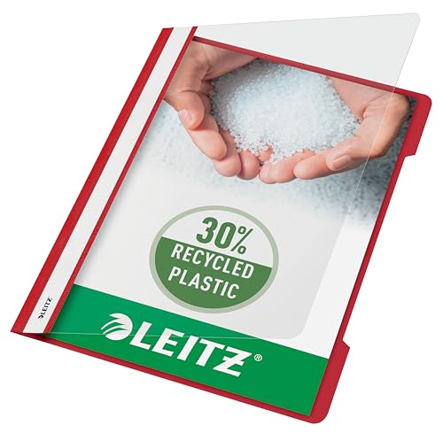 Leitz Schnellhefter A4, 25er Pack, Plastik-Hefter, Robuste PVC-Hartfolie, Transparenter Vorderdeckel, Rot, 41910025 von Leitz