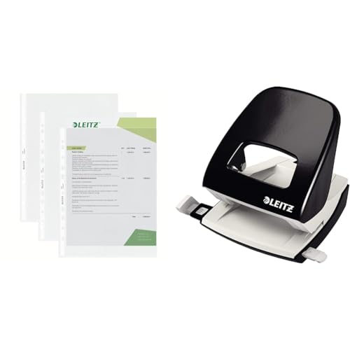 Leitz Standard Prospekthüllen-Set, 100 Stück, A4 Format & Büro Locher aus Metall, Für 30 Blatt, Anschlagschiene mit Formatangaben, Die Nummer 1 am Markt, Ergonomisches Design, schwarz, 50080095 Leitz Standard Prospekthüllen-Set, 100 Stück, A4 Format & Büro Locher aus Metall, Für 30 Blatt, Anschlagschiene mit Formatangaben, Die Nummer 1 am Markt, Ergonomisches Design, schwarz, 50080095 von Leitz
