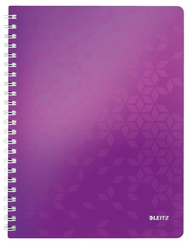 Leitz WOW Collegeblock A4 kariert, 160 Seiten, 80 Blatt FSC-zertifiziertes Papier 80 g/m², Doppelspiralbindung, PP-Einband, Notizbuch mit Sichthülle und Lineal, Für Büro oder Schule, Violett, 46380062 von Leitz