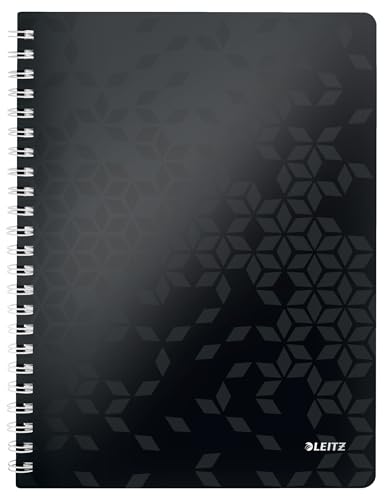 Leitz WOW Collegeblock A4 liniert, 160 Seiten, 80 Blatt FSC-zertifiziertes Papier 80 g/m², Doppelspiralbindung, PP-Einband, Notizbuch mit Sichthülle und Lineal, Für Büro oder Schule, Schwarz, 46370095 von Leitz