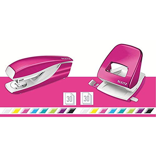 Leitz WOW Locher + Heftgerät, Für 30 Blatt, Anschlagschiene mit Formatvorgaben, Tacker mit 200 Heftklammern, Ergonomisches Design, Pink, WOW-Serie, 50081023 + 55021023 von Leitz
