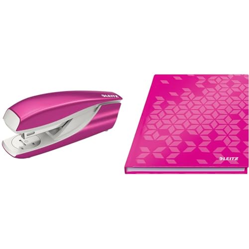 Leitz WOW Set Büro Heftgerät + Notizbuch A5 kariert, Hardcover, 160 Seiten, 80 Blatt, 30 Blatt Tacker mit 200 Heftklammern, Hefter aus Metall mit Kunststoffelementen, Pink, 55021023 + 46281023 von Leitz