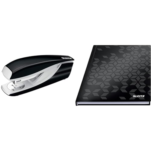 Leitz WOW Set Büro Heftgerät + Notizbuch A5 kariert, Hardcover, 160 Seiten, 80 Blatt, 30 Blatt Tacker mit 200 Heftklammern, Hefter aus Metall mit Kunststoffelementen, Schwarz, 55021095 + 46281095 von Leitz