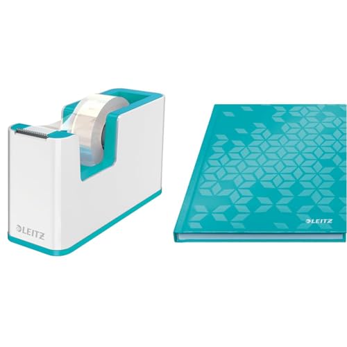Leitz WOW Set Klebeband-Tischabroller + Notizbuch A5 kariert Hardcover, 160 Seiten, 80 Blatt, Klebebandabroller mit festem Stand inkl. Klebeband, Weiß/Eisblau, 53641051 + 46281051 von Leitz