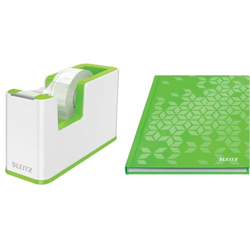 Leitz WOW Set Klebeband-Tischabroller + Notizbuch A5 kariert Hardcover, 160 Seiten, 80 Blatt, Klebebandabroller mit festem Stand inkl. Klebeband, Weiß/Grün, 53641054 + 46281054 von Leitz