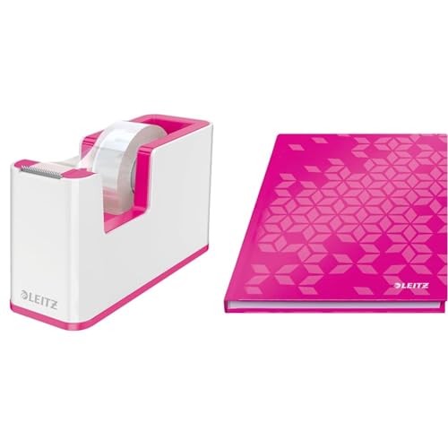 Leitz WOW Set Klebeband-Tischabroller + Notizbuch A5 kariert Hardcover, 160 Seiten, 80 Blatt, Klebebandabroller mit festem Stand inkl. Klebeband, Weiß/Pink, 53641023 + 46281023 von Leitz