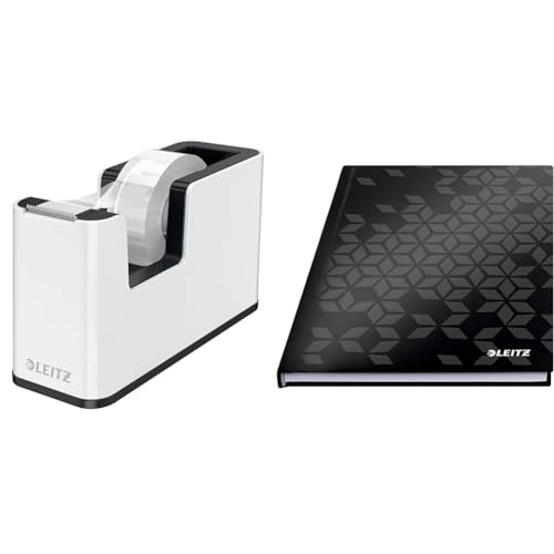 Leitz WOW Set Klebeband-Tischabroller + Notizbuch A5 kariert Hardcover, 160 Seiten, 80 Blatt, Klebebandabroller mit festem Stand inkl. Klebeband, Weiß/Schwarz, 53641095 + 46281095 von Leitz